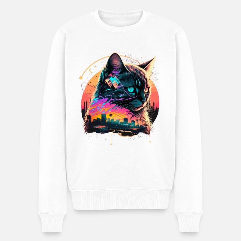 Miami Beach Katze - Männer Premium Bio Pullover - Weiß