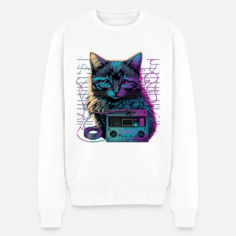 Katze mit Kassette - Männer Premium Bio Pullover - Weiß