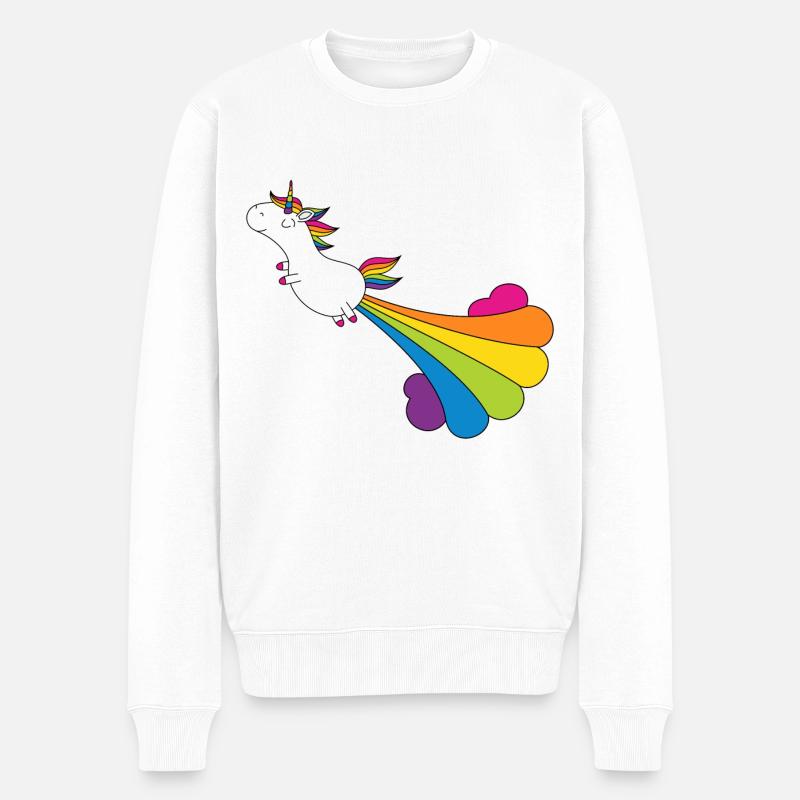 Lustiges pupsendes Einhorn mit Regenbogenwolke - Männer Premium Bio Pullover - Weiß