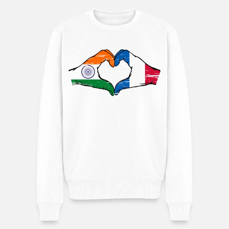 Indien Frankreich Flagge Hände Herzform used - Männer Premium Bio Pullover - Weiß