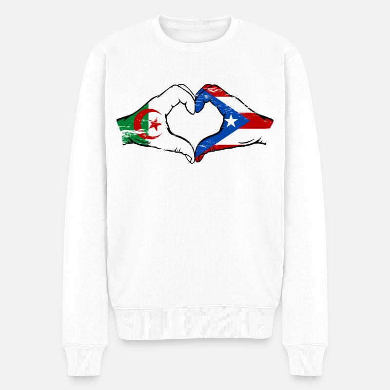 Algérie Porto Rico Drapeau Mains Coeur Forme Utilisé - Pull Premium bio Homme - blanc