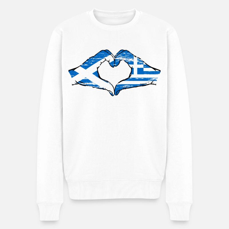 Mains de drapeau de l’Écosse Grèce en forme de coeur utilisé - Pull Premium bio Homme - blanc