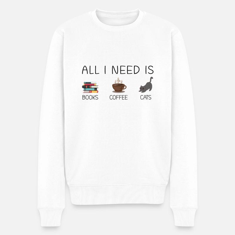 Bücher, Kaffe und Katzen - Männer Premium Bio Pullover - Weiß