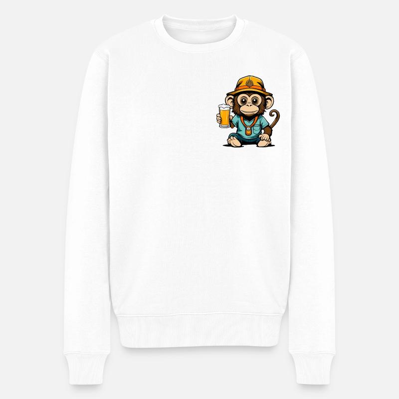 Affe mit Fischerhut und Bier - Männer Premium Bio Pullover - Weiß