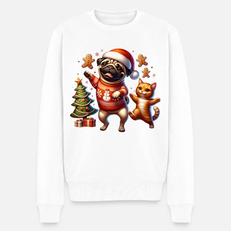 Weihnachtsbaum Geschenke Mops Katze Lebkuchen - Männer Premium Bio Pullover - Weiß