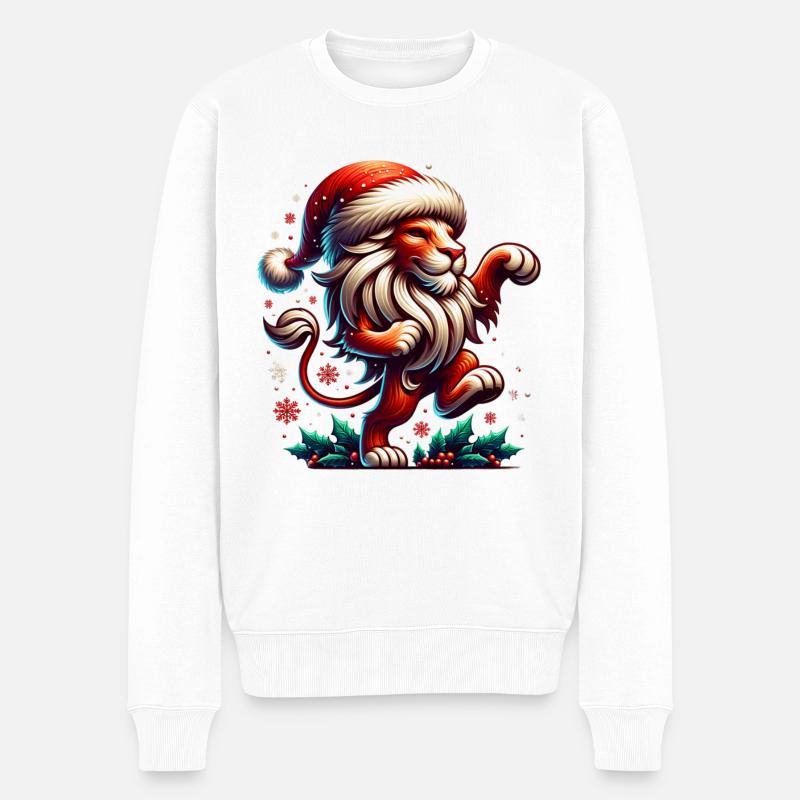 Lustiger Weihnachts Löwe tanzt Weihnachtsmütze - Männer Premium Bio Pullover - Weiß