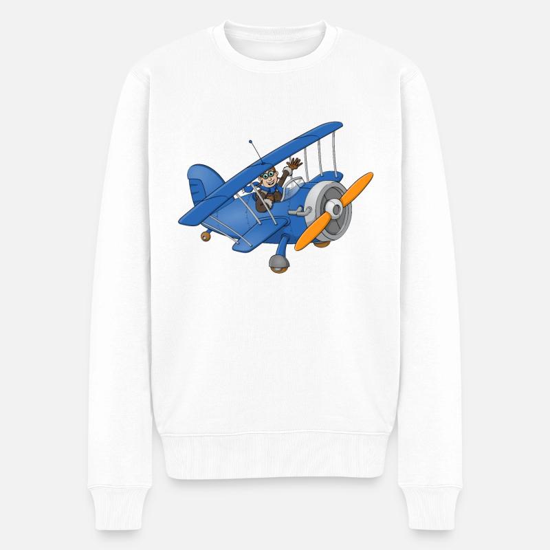 Un pilote joyeux dans un avion bleu. - Pull Premium bio Homme - blanc