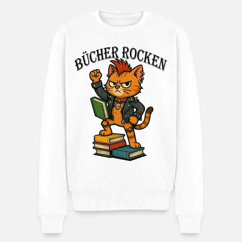 Punk-Katze: Bücher rocken! - Männer Premium Bio Pullover - Weiß