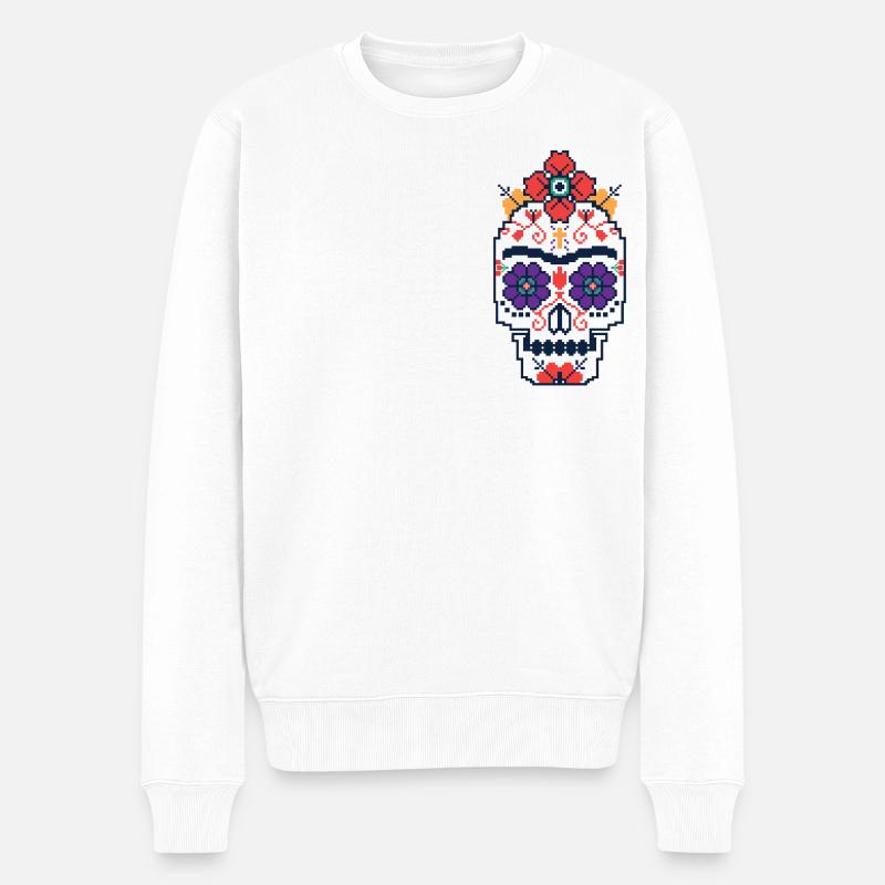 Frida Kahlo Bunter Totenkopf Mit Kranz Aus Blumen - Männer Premium Bio Pullover - Weiß