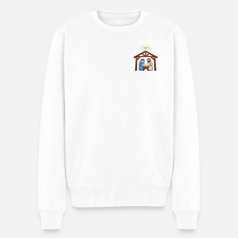 Crèche brodée – histoire de Noël (imprimée) - Pull Premium bio Homme - blanc