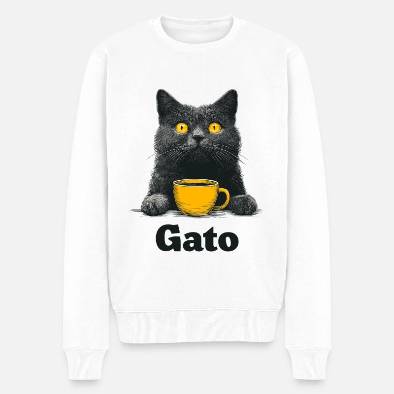 Gato Kaffee Blick Katze - Männer Premium Bio Pullover - Weiß