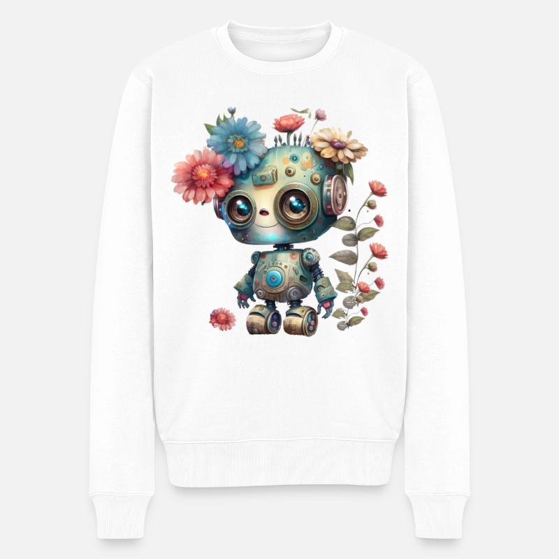 Kleiner Roboter mit Blumen - Männer Premium Bio Pullover - Weiß