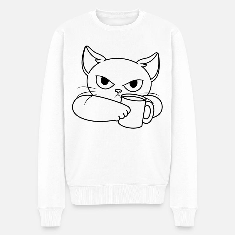Schlecht gelaunte Katze mit Tasse - Männer Premium Bio Pullover - Weiß