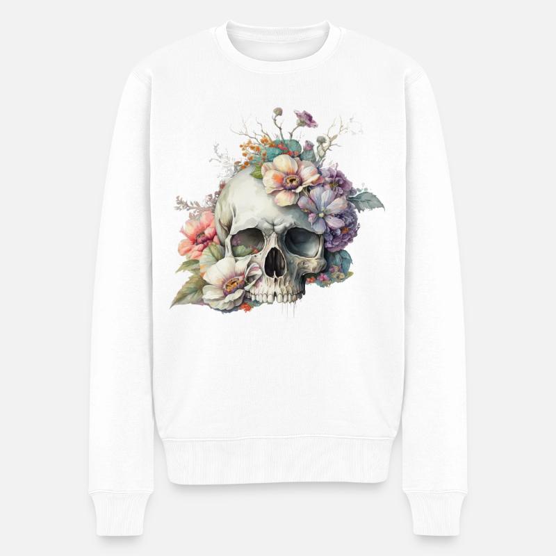 Totenkopf mit bunten Blumen - Männer Premium Bio Pullover - Weiß