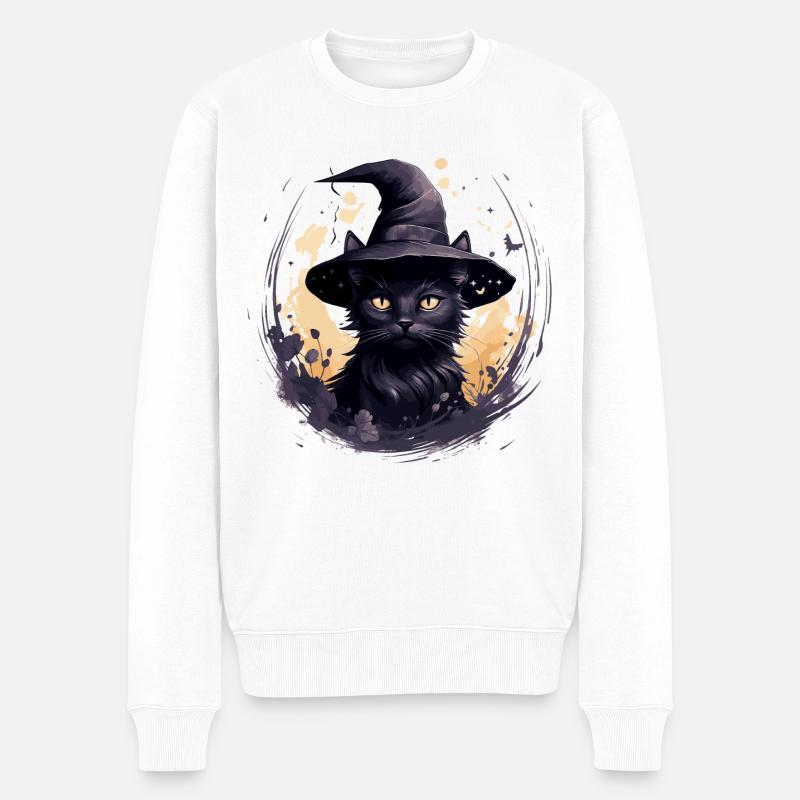 Schwarze Katze mit Hexenhut - Männer Premium Bio Pullover - Weiß