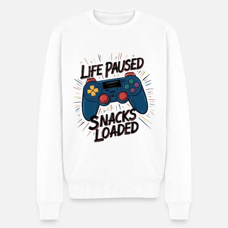 Life Paused, Snacks Loaded - Männer Premium Bio Pullover - Weiß