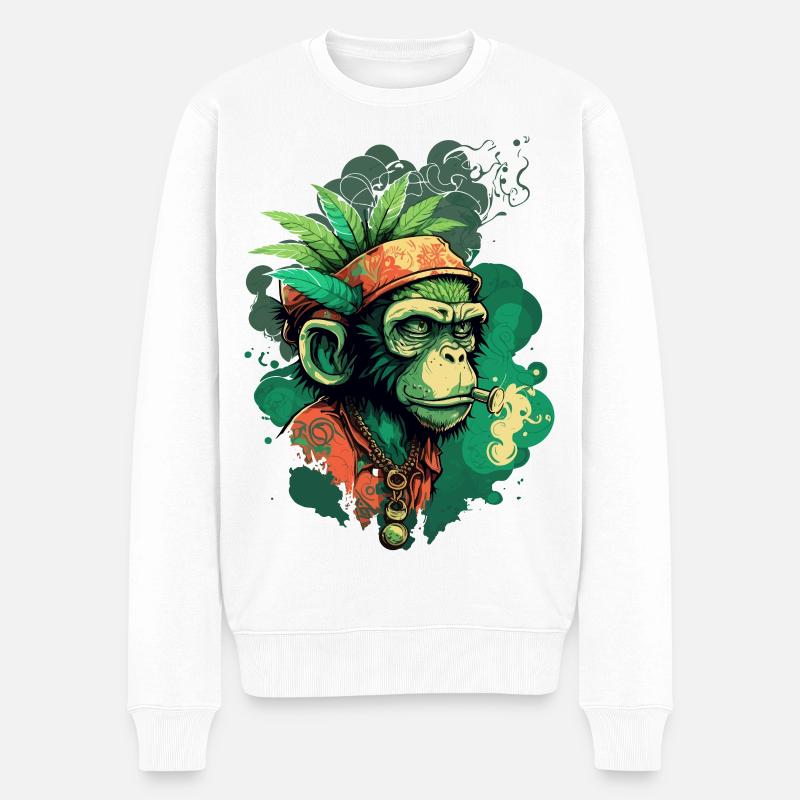 Grüner Gorillakopf mit Blattband - Männer Premium Bio Pullover - Weiß