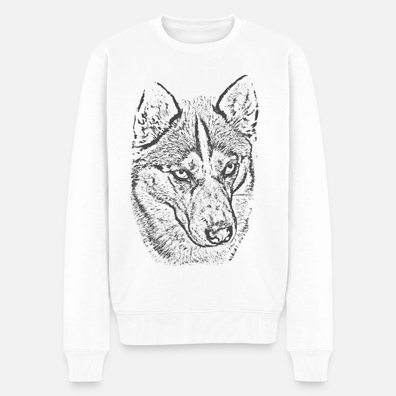 Wolfsblick Graustufen Illustration - Männer Premium Bio Pullover - Weiß