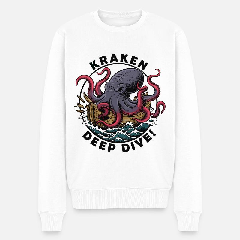 Kraken Deep Dive Attaque Navire - Pull Premium bio Homme - blanc