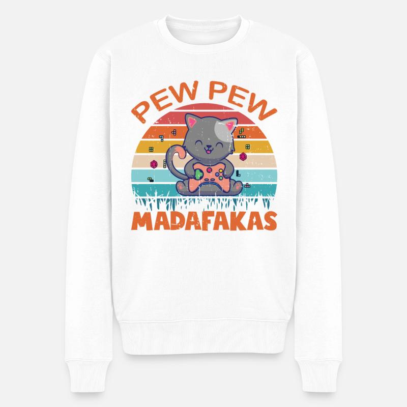 Pew Pew Funny Cat - Männer Premium Bio Pullover - Weiß