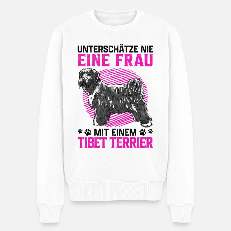 Frau mit Tibet Terrier Hütehund Spruch - Männer Premium Bio Pullover - Weiß