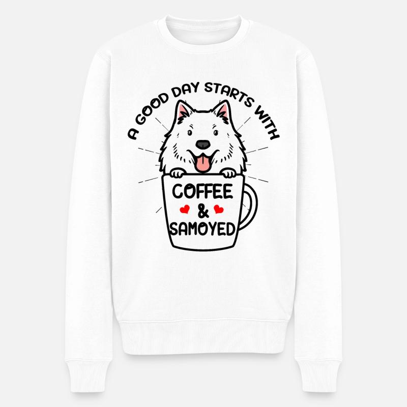Café et chien Samoyède Samoyedenspitz - Pull Premium bio Homme - blanc