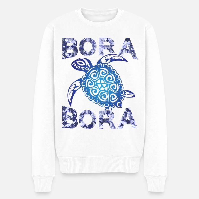 Tortue de mer tribale bleue polynésienne Bora Bora - Pull Premium bio Homme - blanc