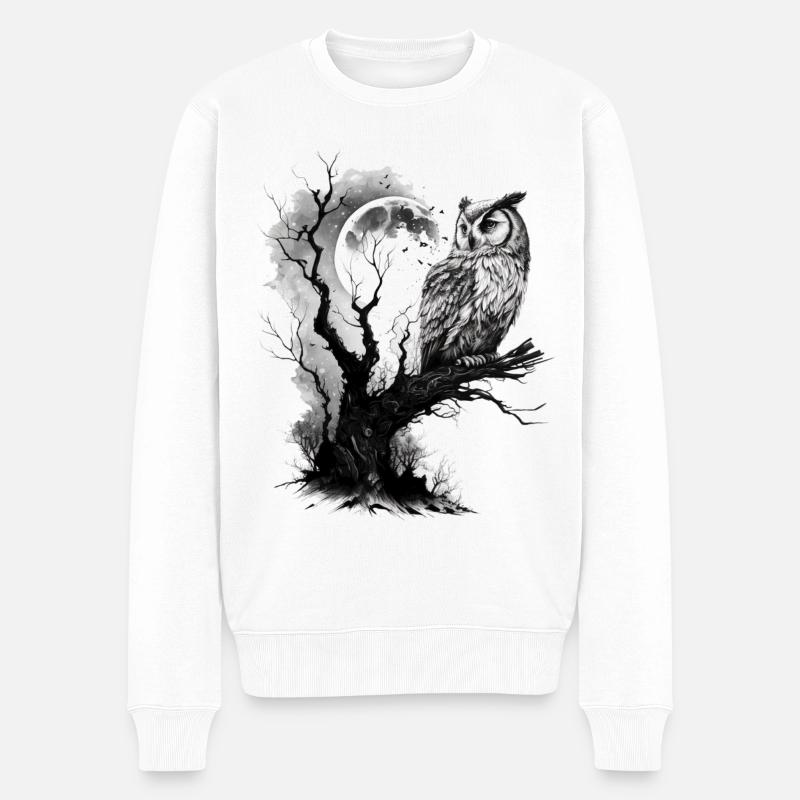 Eule Mond Natur Tier Zeichnung Geschenk Eulenmotiv - Männer Premium Bio Pullover - Weiß