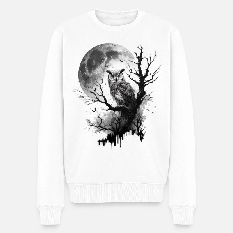 Eule Mond Natur Tier Zeichnung Geschenk Eulenmotiv - Männer Premium Bio Pullover - Weiß