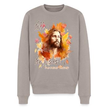 Fall Jesus He Never Leaves: Christian Autumn Vibes - Männer Premium Bio Pullover - Taupe - Vorne - Nico (187cm)