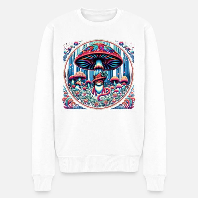 Psychedelische Katze Mit Magischen Pilzen - Männer Premium Bio Pullover - Weiß