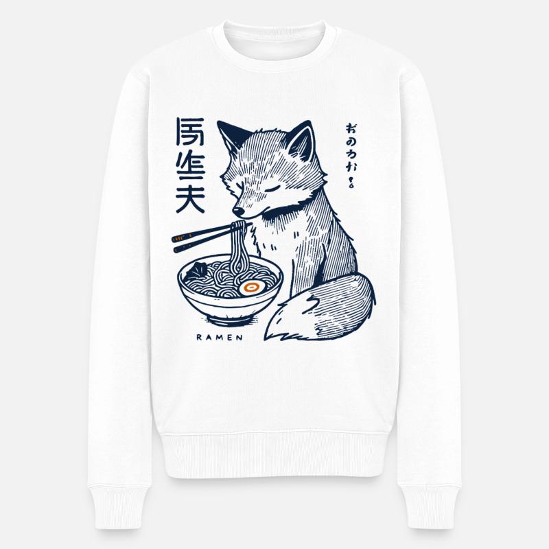 Kitsune Ramen Nudeln Kawaii Retro Ukiyo-e Fuchs - Männer Premium Bio Pullover - Weiß
