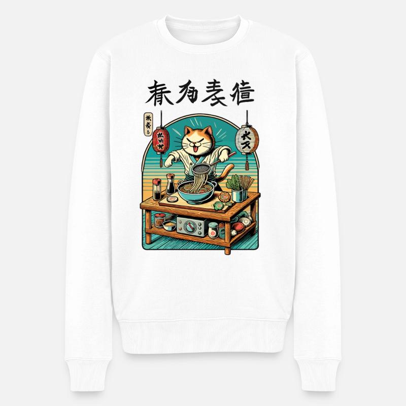 Kawaii Ramen Chefkoch Katze Japan Ukiyo-E Retro - Männer Premium Bio Pullover - Weiß