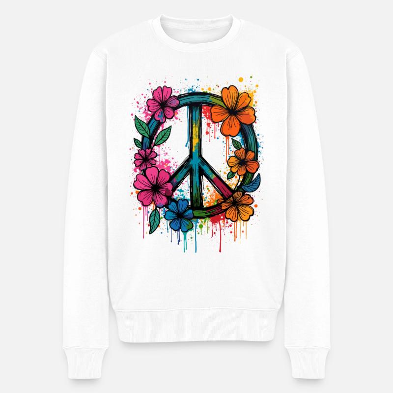 Friedenszeichen Love Peace Hippie 70er 60er Jahre - Männer Premium Bio Pullover - Weiß