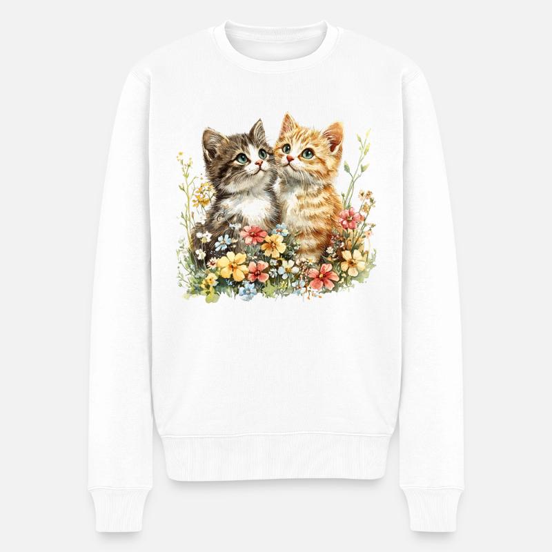 Katzenfreunde im Blütentraum mit Blumen - Männer Premium Bio Pullover - Weiß