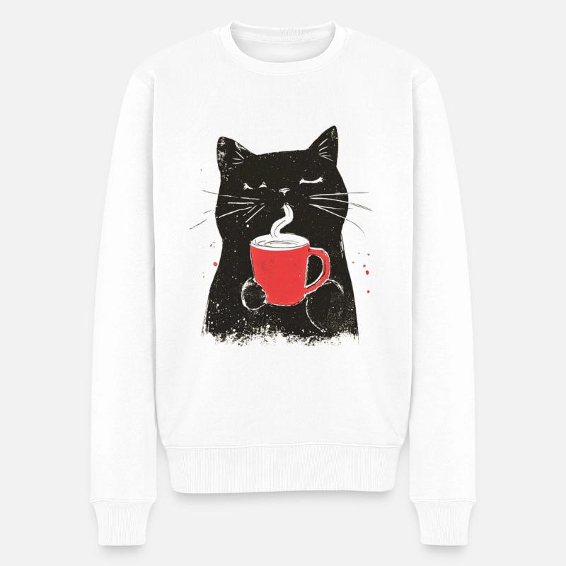 Vintage Katze mit Kaffee - Linolschnitt-Stil - Männer Premium Bio Pullover - Weiß