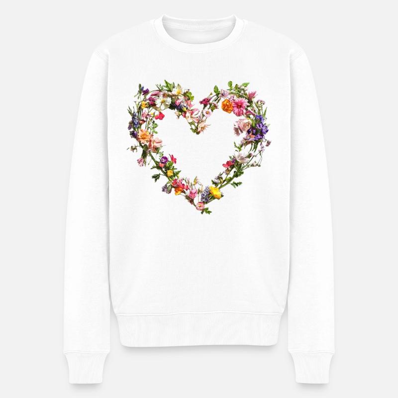 Herz aus zarten Blumen Frühlingshafte Blütenpracht - Männer Premium Bio Pullover - Weiß