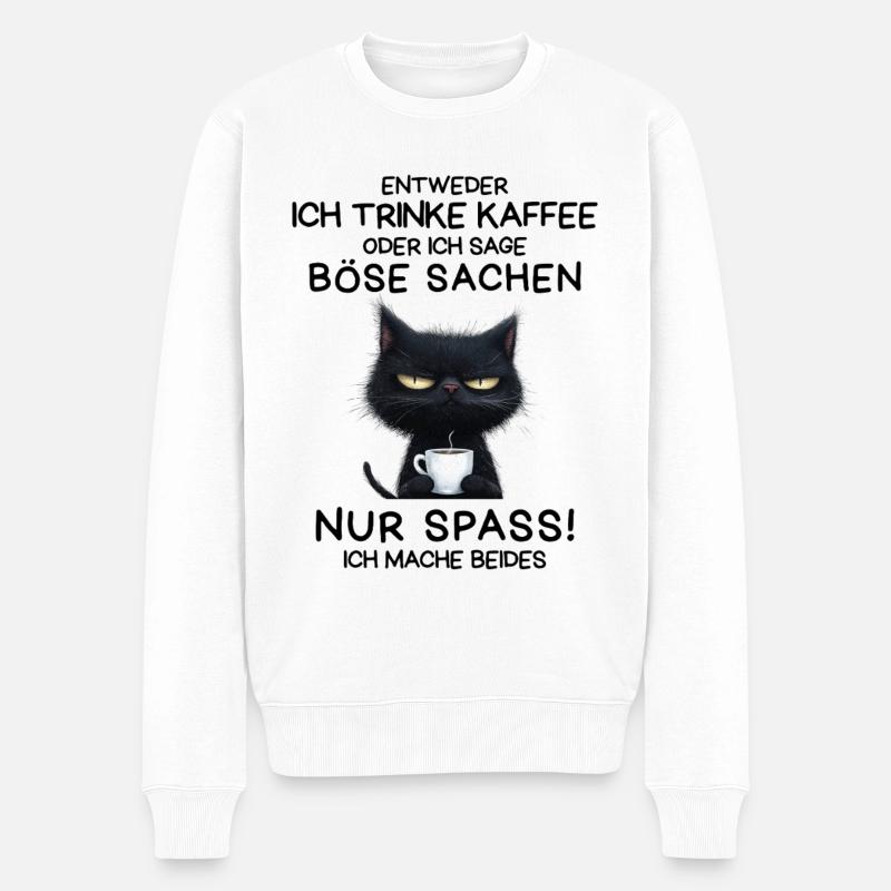 Kaffee in der Pfote, Hass im Blick – Katze pur - Männer Premium Bio Pullover - Weiß