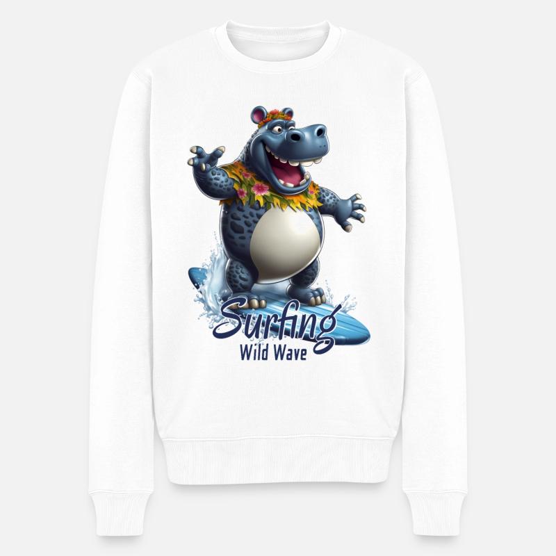 Hippopotame cool avec une planche de surf - surfeur - Pull Premium bio Homme - blanc