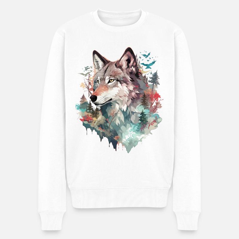 Wolf Wolfskopf Natur Wildnis Abenteuer Wald Kunst - Männer Premium Bio Pullover - Weiß