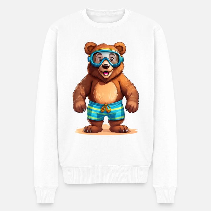 Braunbär mit Badehose und Taucherbrille am Meer - Männer Premium Bio Pullover - Weiß