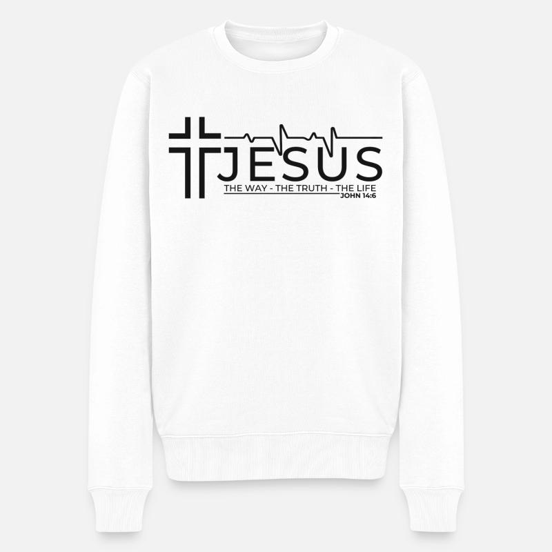 Jesus Christus Bibelvers Weg Wahrheit Leben Christ - Männer Premium Bio Pullover - Weiß