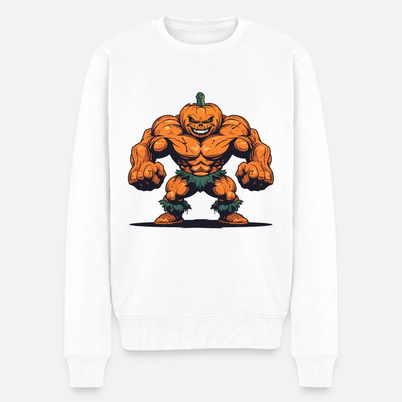 Pumpkin-Shaped Muscle Man: Halloween Strength - Männer Premium Bio Pullover - Weiß