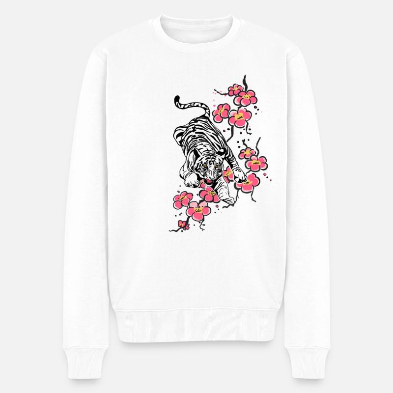 weißer Tiger Kirschblüten cherry blossom hanami - Männer Premium Bio Pullover - Weiß