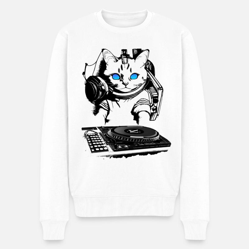 Cat DJ avec table de mixage - Pull Premium bio Homme - blanc