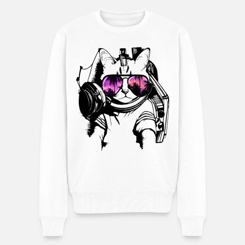 chat cool chaton DJ avecsunglassessunglasses - Pull Premium bio Homme - blanc