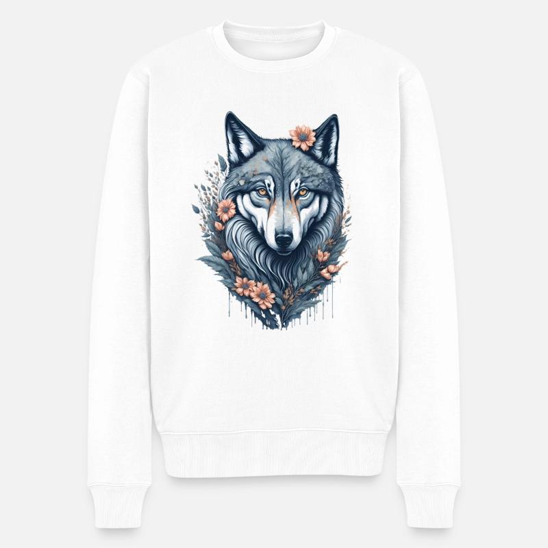 Skurriles Blumenwolf-Aquarellgemälde - Männer Premium Bio Pullover - Weiß