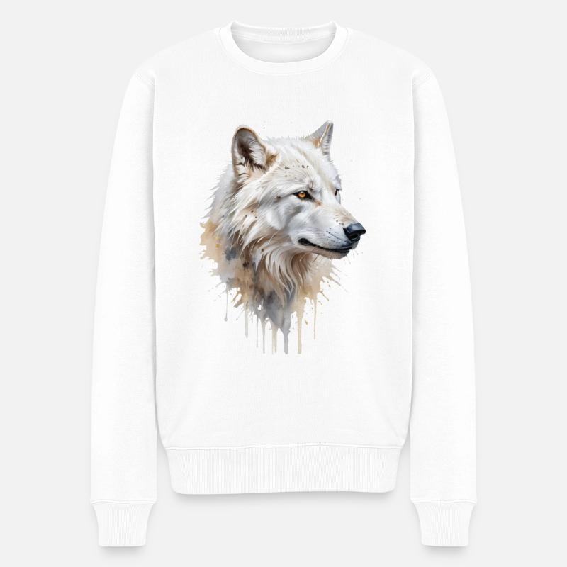 Majestueux loup blanc - Aquarelle - Pull Premium bio Homme - blanc