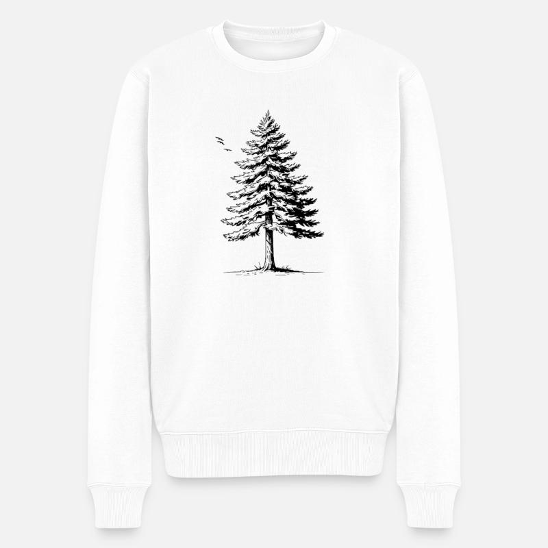 Fichte & Vögel Silhouette - Männer Premium Bio Pullover - Weiß