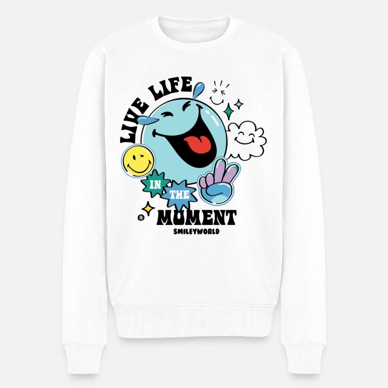 SmileyWorld Lebe Im Moment Spruch Mit Smiley - Männer Premium Bio Pullover - Weiß